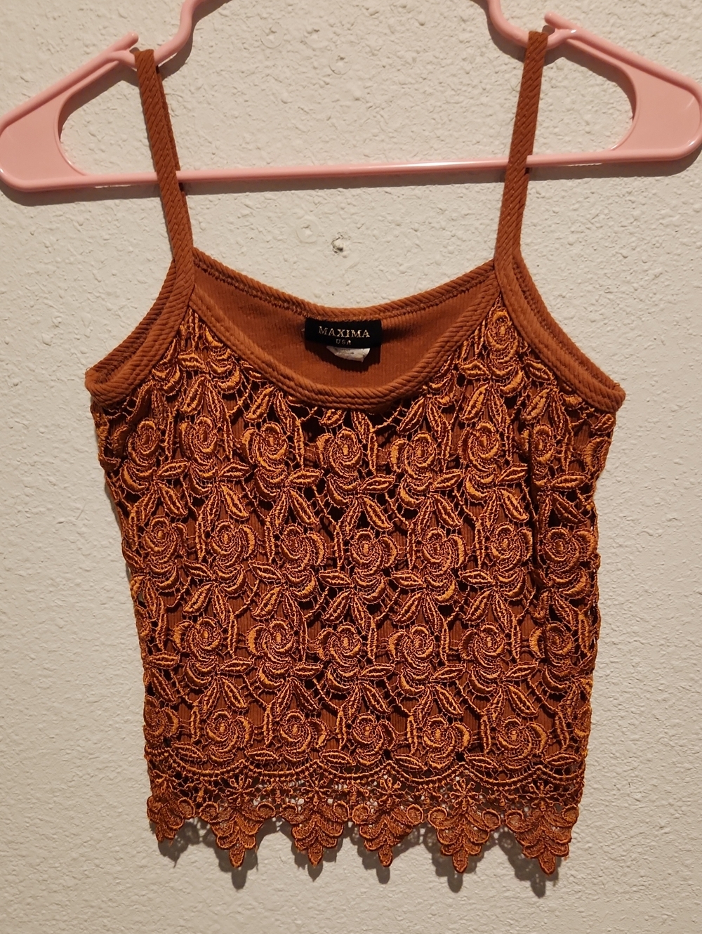 Maxima USA Rust Crochet Lace Cami Top Small